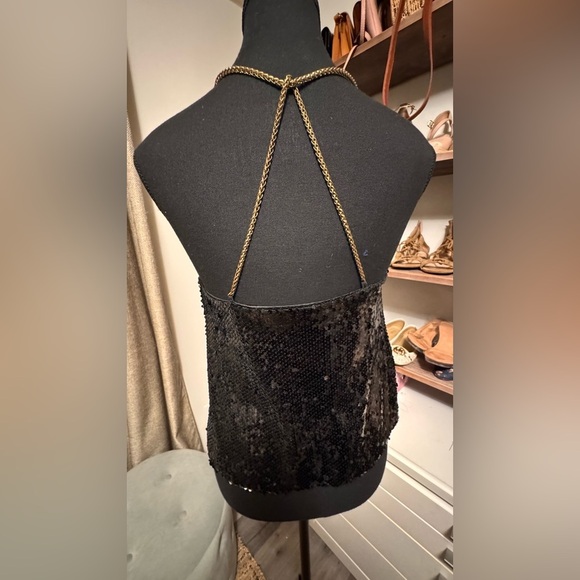 Black Sequin Tank Top with Gold Straps - Picture 3 of 5